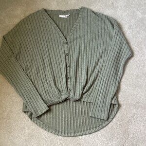 Knit Ribbed Button-Front Cardigan in Olive Green